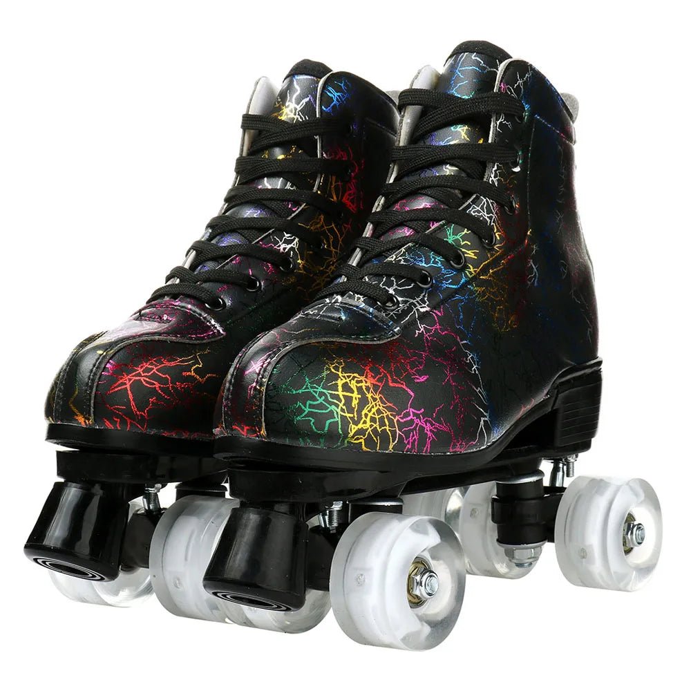 Unisex PU leather zebra print roller skates with flash quad wheels